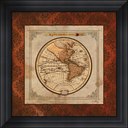 Framed Red Damask Map I Print