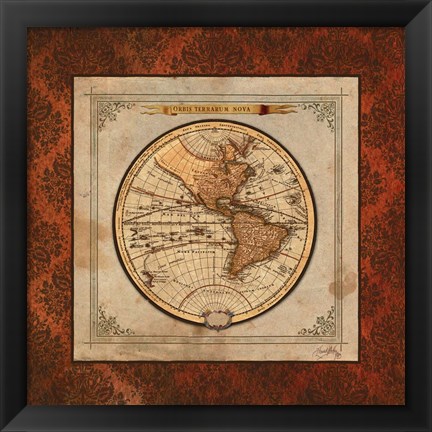 Framed Red Damask Map I Print