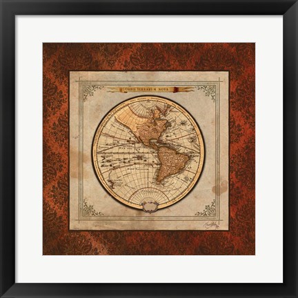 Framed Red Damask Map I Print