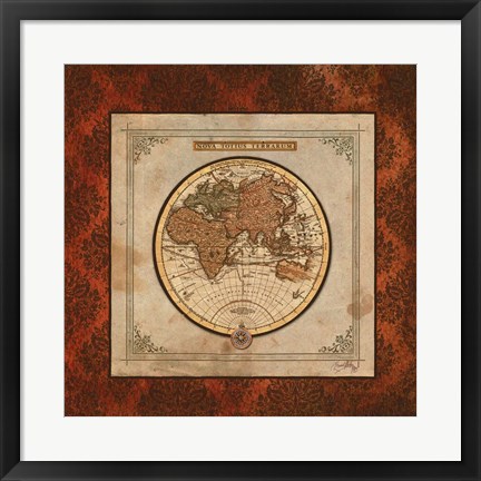 Framed Red Damask Map II Print