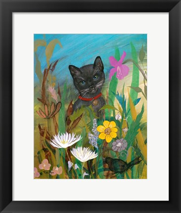 Framed Cat in the Garden Print