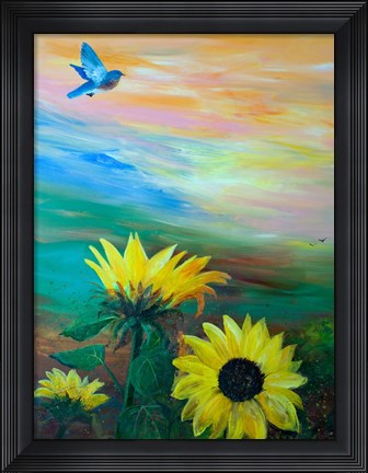 Framed BlueBird Flying Over Sunflowers Print