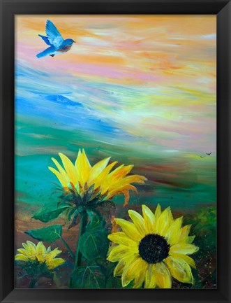 Framed BlueBird Flying Over Sunflowers Print