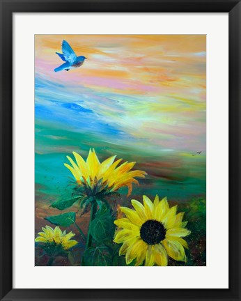 Framed BlueBird Flying Over Sunflowers Print