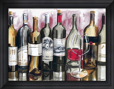 Framed Bottles Reflect on Red I Print