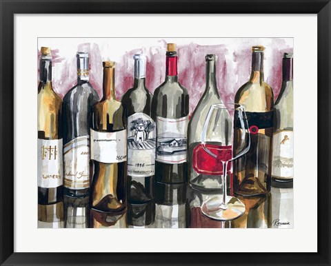 Framed Bottles Reflect on Red I Print