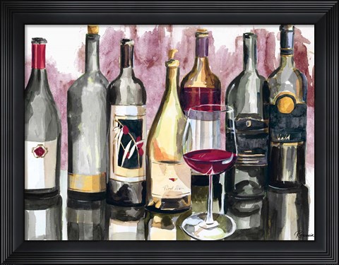 Framed Bottles Reflect on Red II Print