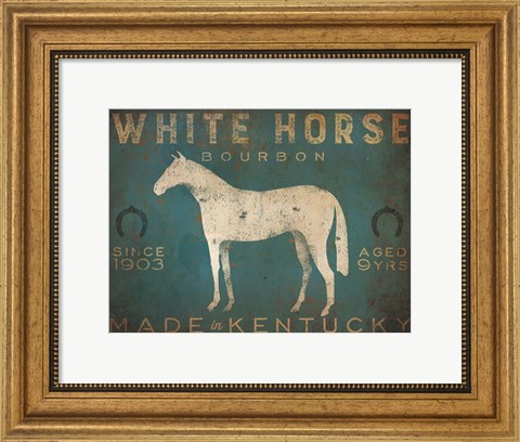 Framed White Horse with Words Blue Print