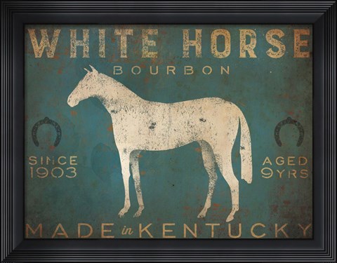 Framed White Horse with Words Blue Print