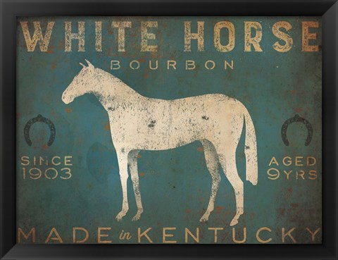 Framed White Horse with Words Blue Print