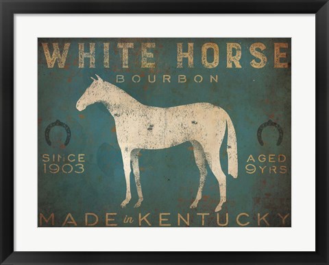 Framed White Horse with Words Blue Print