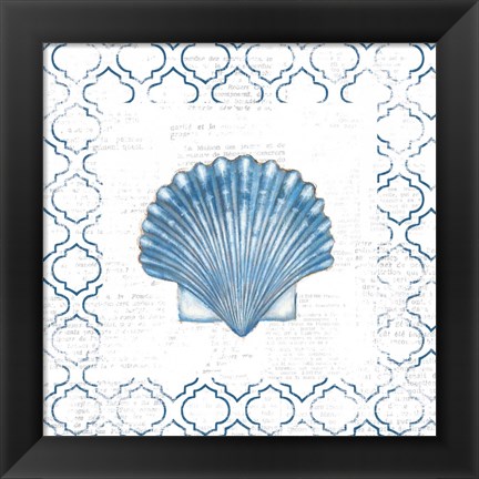 Framed Navy Scallop Shell on Newsprint Print