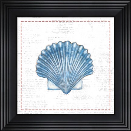 Framed Navy Scallop Shell on Newsprint with Red Print