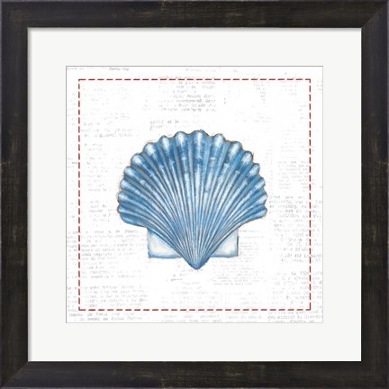 Framed Navy Scallop Shell on Newsprint with Red Print