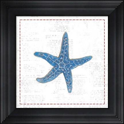 Framed Navy Starfish on Newsprint with Red Print