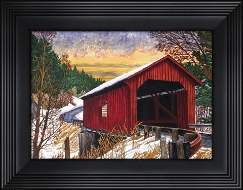 Framed Sunset At The Old Bridge, Vermont Print
