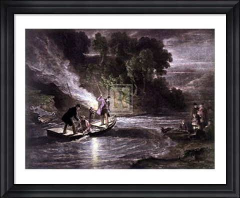 Framed Salmon Spearing By Touchlight Print