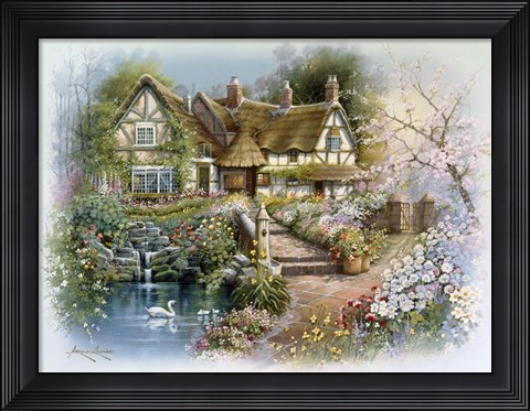 Framed Cottage Scene With Swan Print