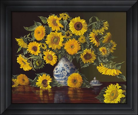 Framed Sunflowers in Blue and White Vase Print