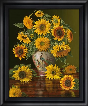 Framed Sunflowers In A Peacock Vase Print