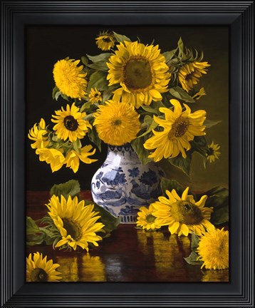 Framed Sunflowers in Blue &amp; White Chinese Vase Print