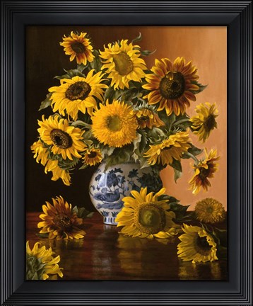 Framed Sunflowers in a Blue Willow Vase Print