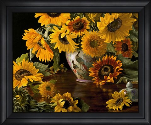 Framed Sunflowers in a White Chinese Vase Print
