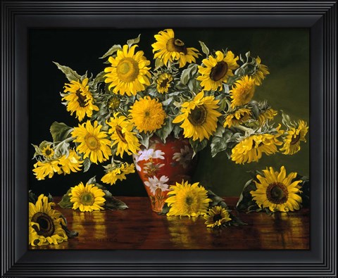 Framed Sunflower in a Red Chinese Vase Print
