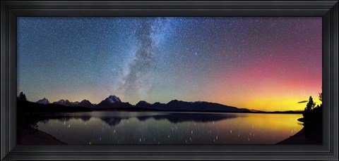 Framed Northern Lights over Jackson Lake Pano Print