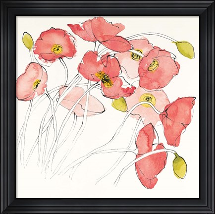 Framed Black Line Poppies II Watercolor Print