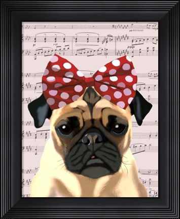 Framed Pug with Red Spotty Bow On Head Print