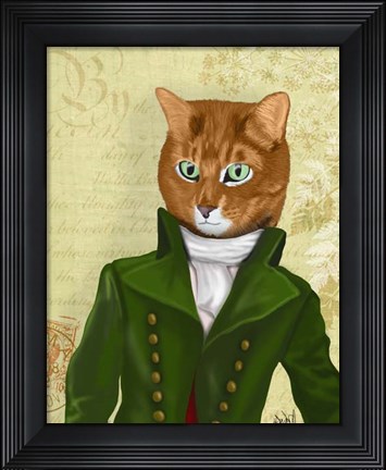 Framed Ginger Cat in Green Coat Print