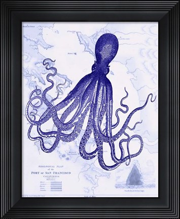 Framed Blue Octopus 1 on Nautical Map Print