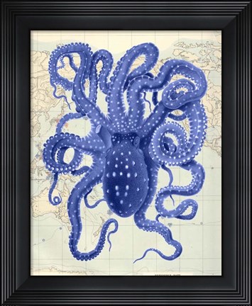 Framed Blue Octopus 2 on Nautical Map Print