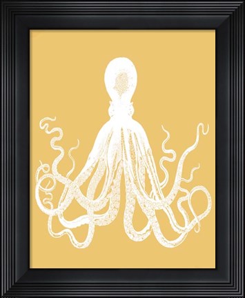 Framed Octopus 1 White On Mustard Print