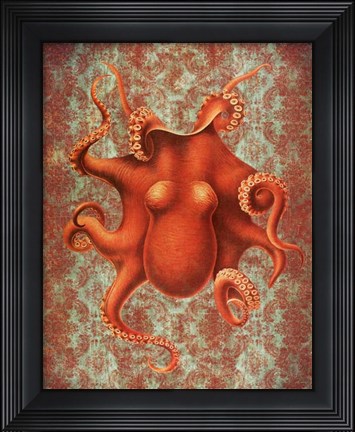 Framed Octopus 4 Red Damask Print