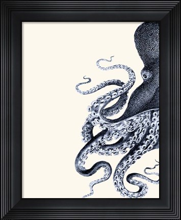Framed Octopus Indigo Blue and Cream a Print