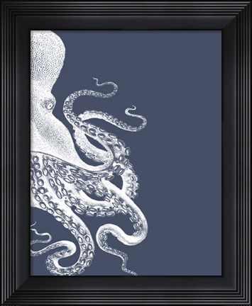 Framed Octopus Indigo Blue and Cream b Print