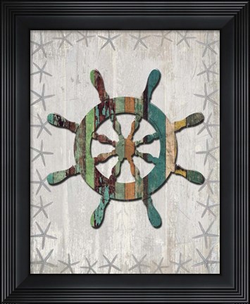 Framed Distressed Wood Style Ships Wheel 1 Print