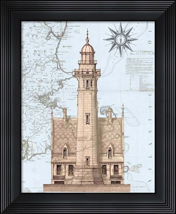 Framed Lighthouse &amp; House on Nautical Map Print