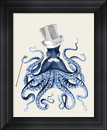 Framed Blue Octopus on Cream b Print