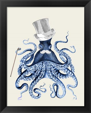 Framed Blue Octopus on Cream b Print