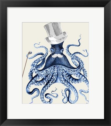 Framed Blue Octopus on Cream b Print