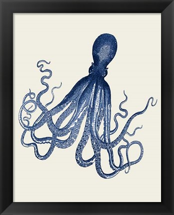 Framed Blue Octopus on Cream e Print