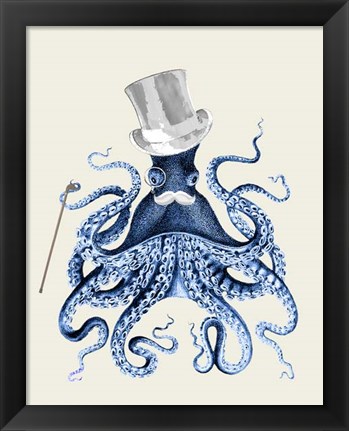 Framed Octopus Print Blue on Cream b Print