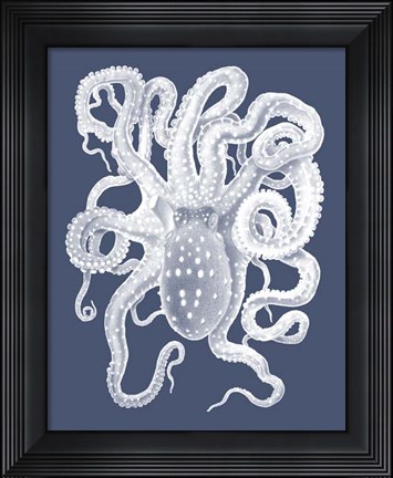 Framed White Octopus on Indigo Blue a Print