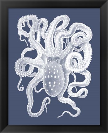 Framed White Octopus on Indigo Blue a Print