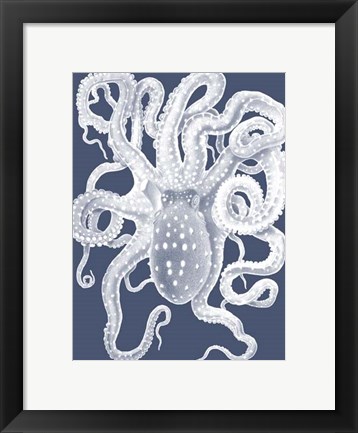 Framed White Octopus on Indigo Blue a Print