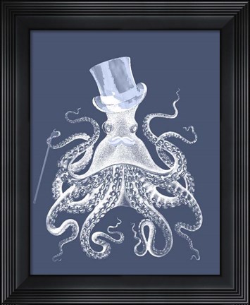 Framed White Octopus on Indigo Blue b Print