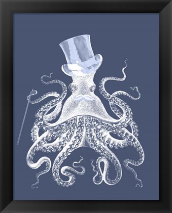 Framed White Octopus on Indigo Blue b Print